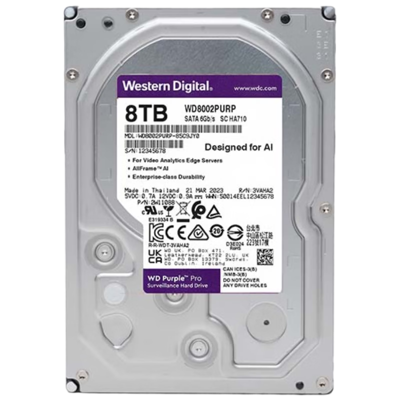 Western Digital 8TB Surveillance Hard Drive WD Purple Pro SATA 7200RPM 256MB CMR Vertical AI Technology 3.5-inch WD8002PURP