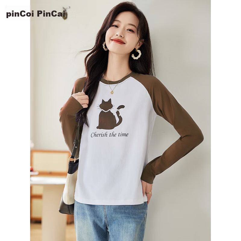 Pincai Women's Long Sleeve T-Shirt Cute Cat Print Colorblock Crew Neck Raglan Sleeve Trendy Top P143T2027