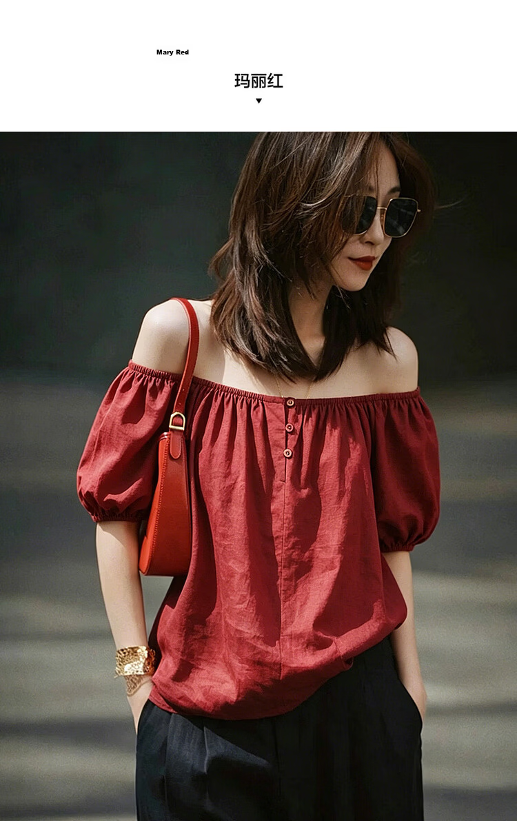 MT Elastic Strap Off-Shoulder Round Neck Dual-Wear Summer Lightweight Linen Cotton Blend Shirt Elegant Women's Blouse Top 8