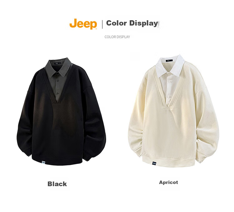 JEEP Men's Spring and Autumn Faux Two-Piece Polo Casual Long Sleeve T-Shirt Black 4XL 8