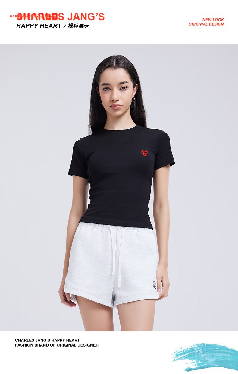 Charles Peach Heart [Wang Churan Same Style] Summer New Short Sleeve T-Shirt Women's Slim Fit Waist White XXF 11