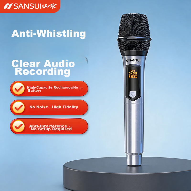 SANSUI Wireless Microphone Professional UHF Karaoke Conference Host Live Outdoor Square Dance Handheld Portable Performance Home KTV Singing Microphone SK09 Single Mic