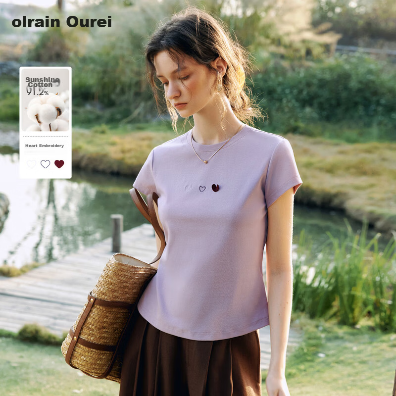 Olrain Oureier Summer New Women's Round Neck Heart Embroidery Casual Pullover Short Sleeve T-Shirt Top Purple M