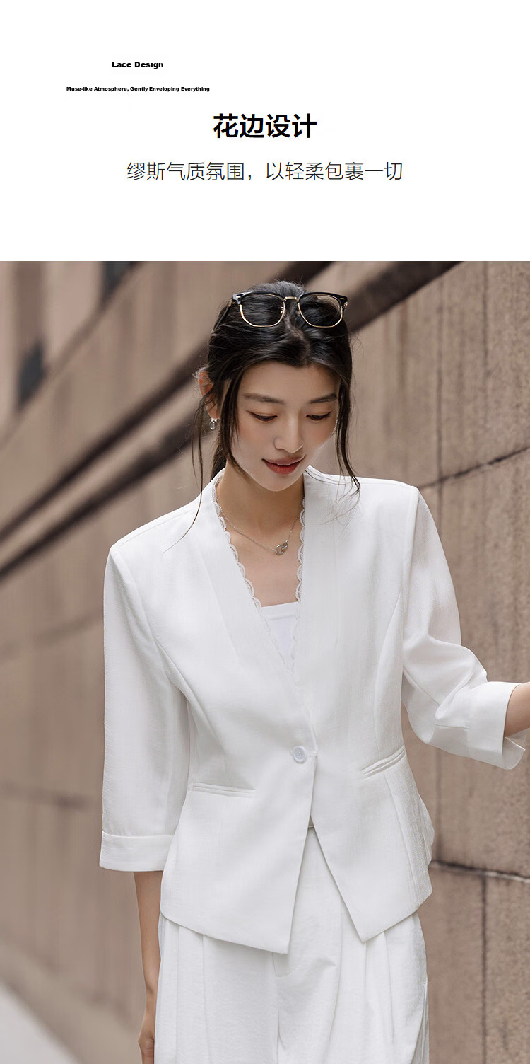 Demana [Light Business] Spring V-Neck Lace Single Button Three-Quarter Sleeve Double Piped Pocket Waist-Cinched Women's Blazer 7