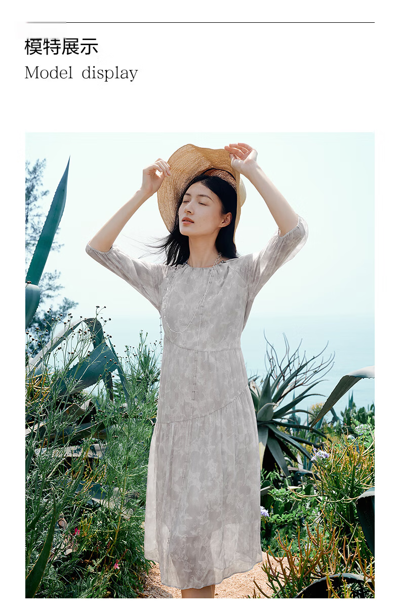 JUZII·ANNAKOU Landscape Dress 100% Mulberry Silk Elegant Waist-Cinching Summer Dress for Women Light Gray XL 8