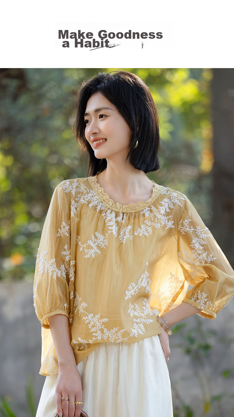 Demana [Refreshing Lyocell] Summer Lace Collar Embroidered Short Sleeve Loose Slim Fit Petite Shirt for Women Premium Quality 1