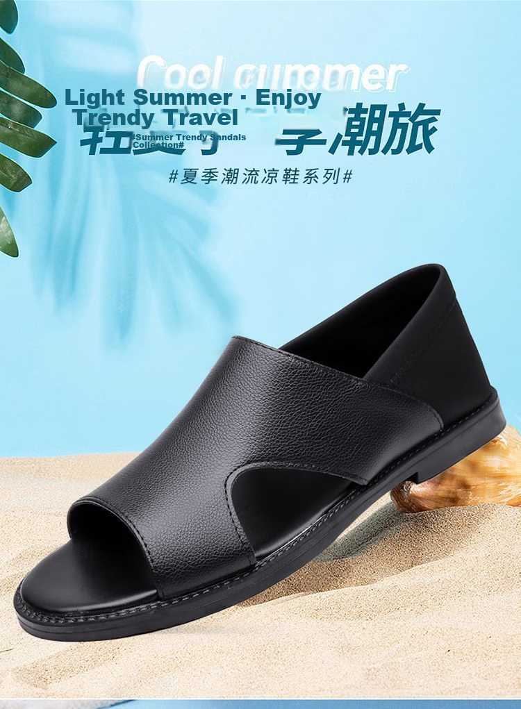 Jingzhenlianggong Men's Summer Sandals Dual-use Slippers Non-slip Soft Sole Beach Shoes Black [Leather Texture] Size 38 2