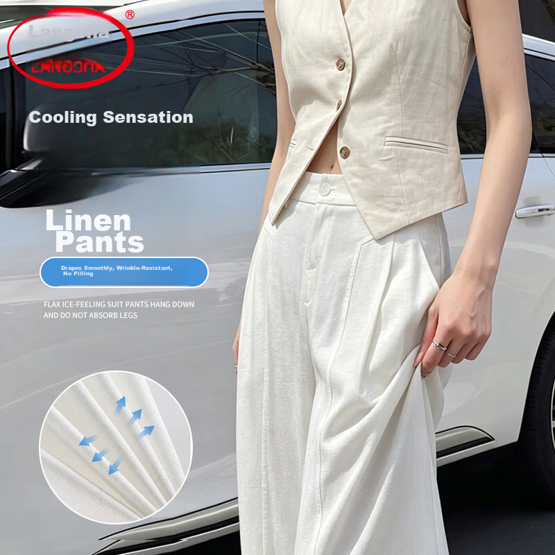 Langsha Women's Linen Wide-Leg Pants 2026 Summer Thin High-Waist Cool Ice Silk Casual Straight-Leg Suit Trousers