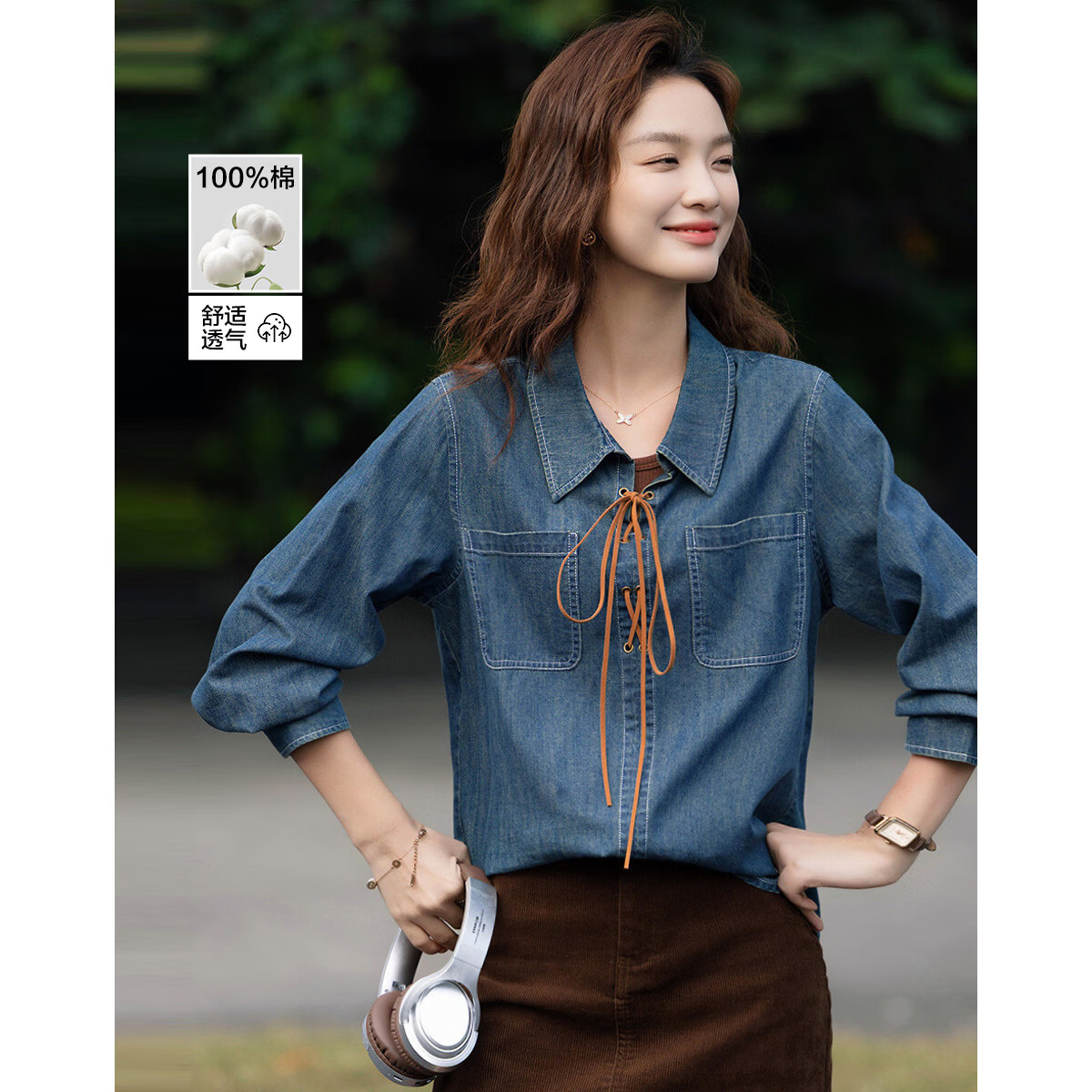 Demana Zhenxiang 100% Cotton Spring Lapel Drawstring Drop Shoulder Pocket Loose Petite Women's Denim Shirt