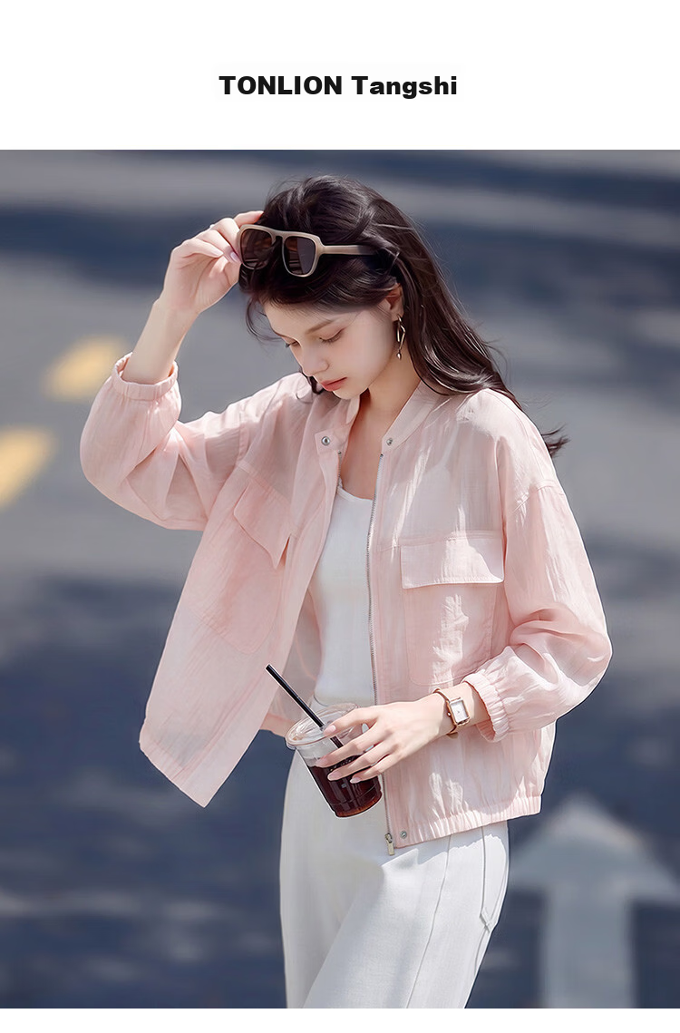 TonLion 2026 New Summer Women's Short Round Neck Cardigan Pink Korean Loose Casual Style 1