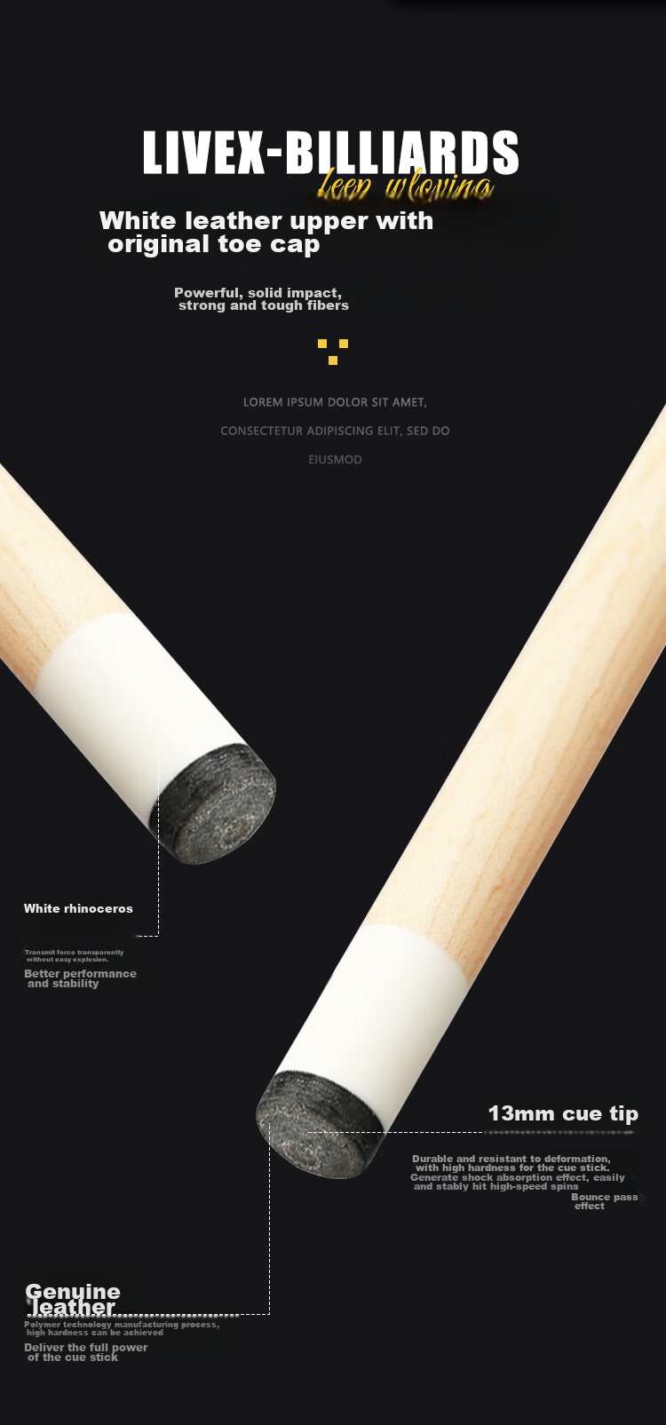 LIVEX Black Feather Pool Cue, Large Tip Black 8-Ball Cue, Chinese Eight-Ball Cue, Detachable 16-Color Nine-Ball Cue 3