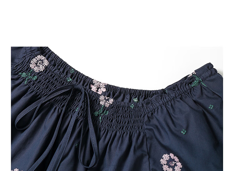 INMAN 100% Xinjiang Cotton French Square Neck Embroidered Shirt 2026 Summer Women's New Off-Shoulder Top Navy Blue S 10