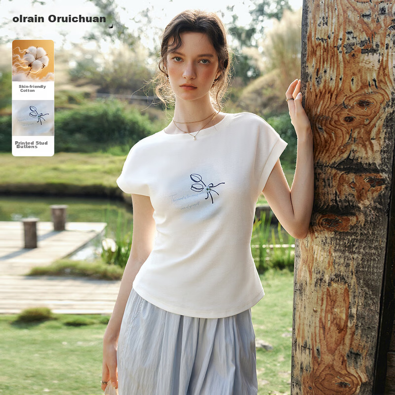Olrain Eurielle Printed Button Sleeve Blouse New Summer Women's White Casual Commuter Short Sleeve T-Shirt White S