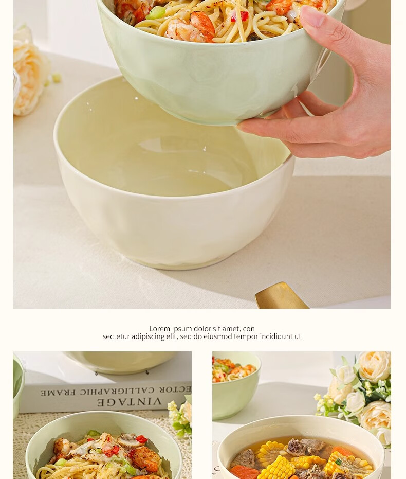 CERAMICS Cream-Colored Ceramic Soup Bowls, Large Bowls for Home Use, High Aesthetic Value, 2025 New Style, 8-Inch Large Size, Premium Noodle Bowls, Set of 2 2