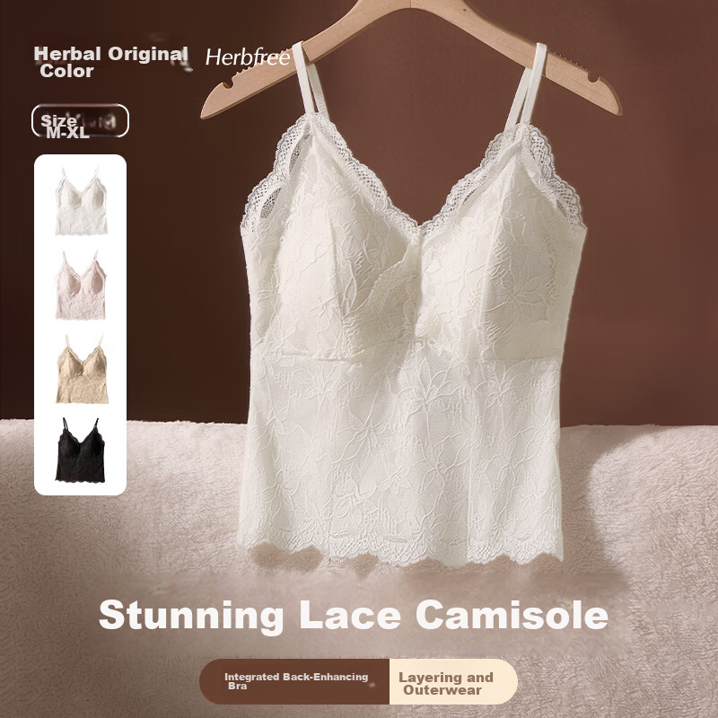 Herbal Original Color Women's French Lace Sexy Strapless Bra-Free Camisole Summer Thin Backless Base Layer White