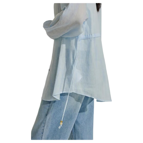 INMAN Sun Protection Ramie Cotton Women's Shirt, 2026 Summer New Blouse Top, Light Blue, XL