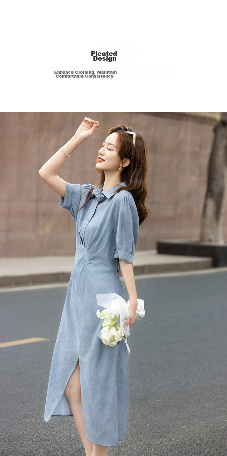 Demana [With Linen] Summer Urban Commuter Pleated Short Sleeve Turn-Down Collar Slim Straight Mid-Length Dress for Women Premium Feel 7