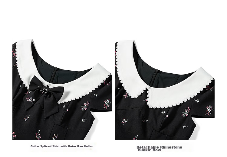 LeTing Original Printed Draped Collar Spliced Shirt Doll Collar Dress Black (In Stock) XS 23