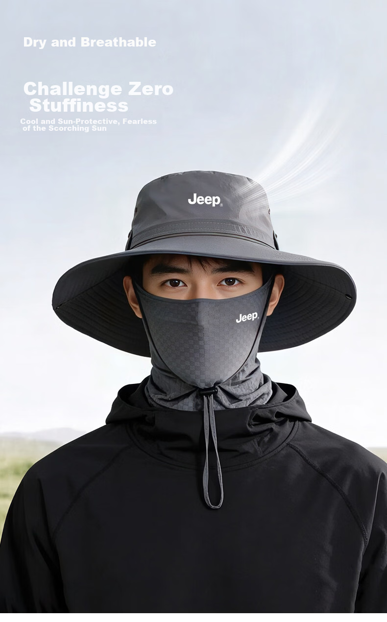JEEP Men's Summer Sun Protection Fisherman Hat Large Head Circumference Breathable Neck Guard UV Protection Wide Brim Sun Hat 6