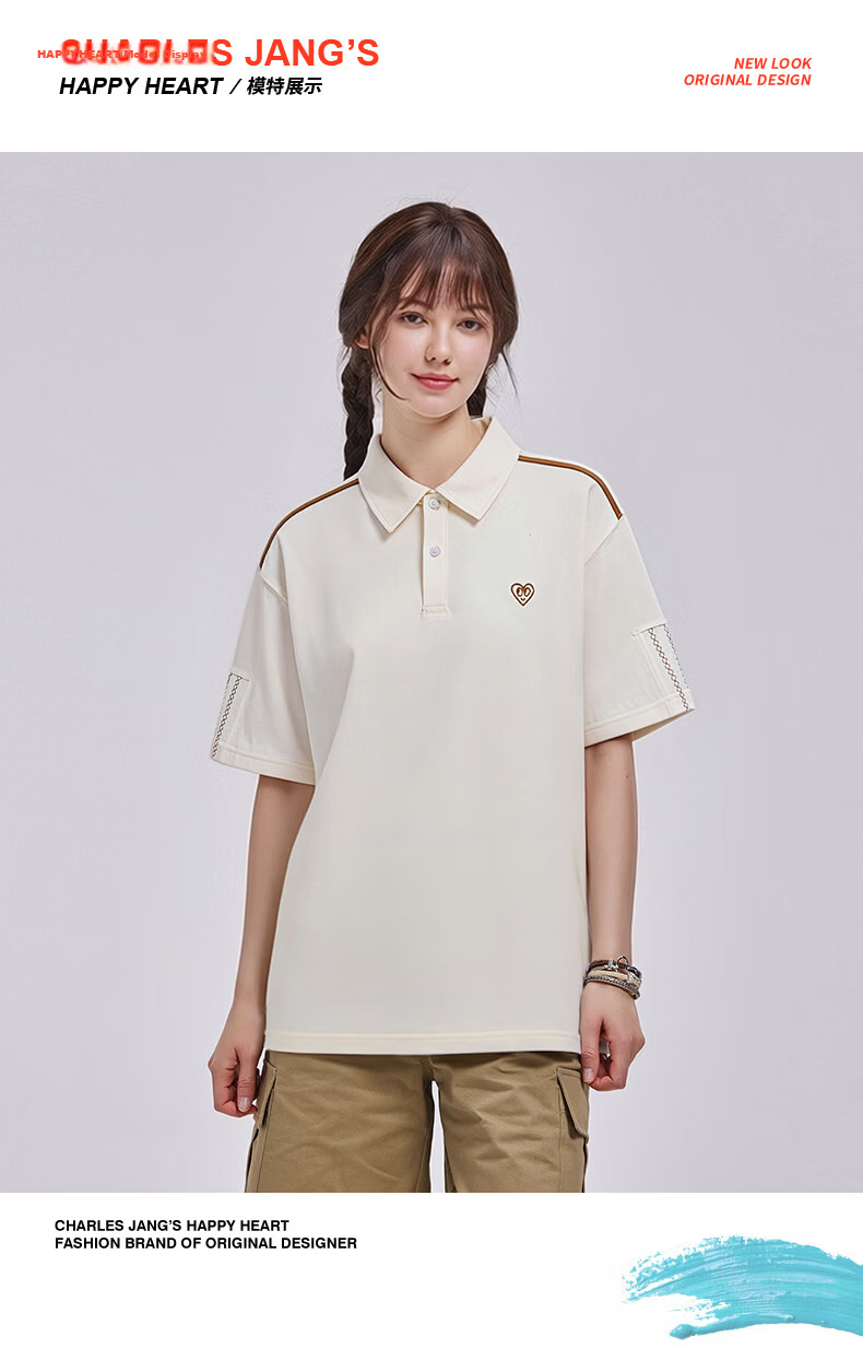 Charles Peach Heart Minimalist Luxury Embroidered Heart Short Sleeve Polo Shirt Unisex Summer Couple Casual Black XS 9
