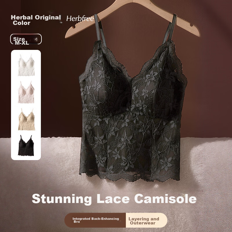 Herbal Original Color Women's French Lace Sexy Strap Camisole Summer Thin Backless Bra-Free Black Tank Top