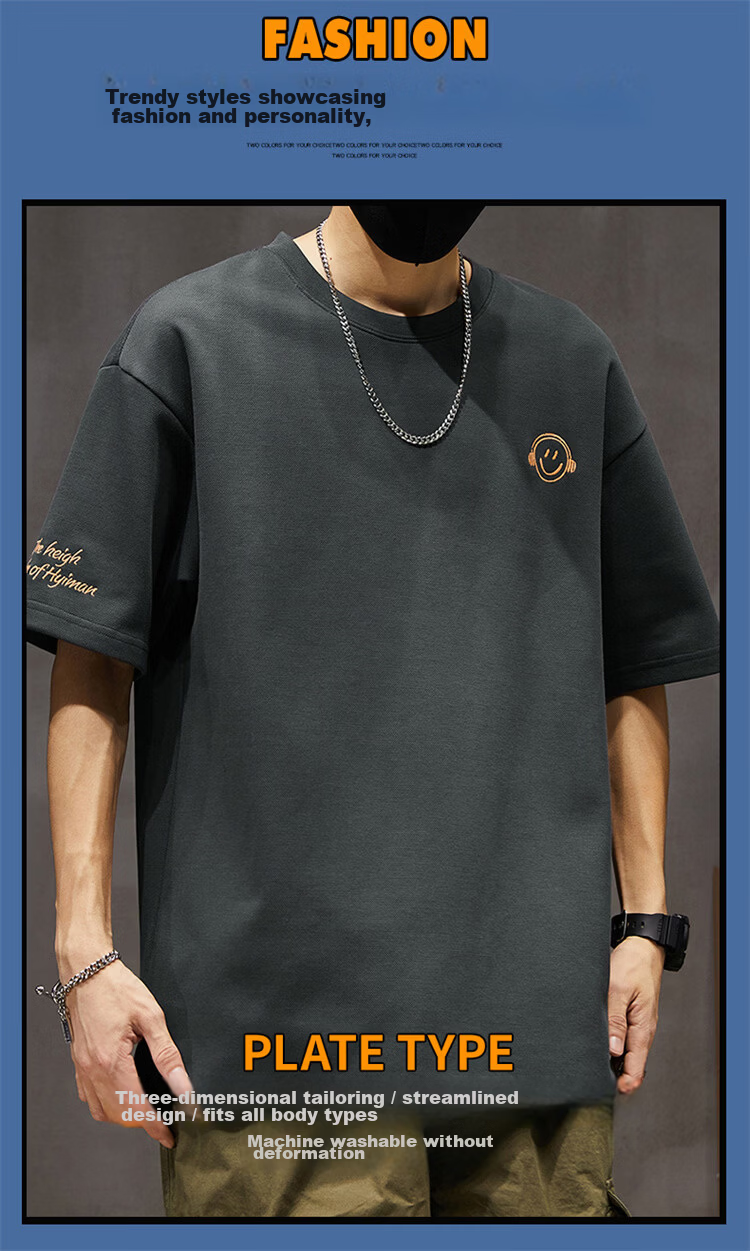 Pierre Cardin Men's Short Sleeve T-Shirt Summer Trendy Smiley Embroidery Loose Fit Crew Neck Heavyweight Cotton Top Dark Gray M 2