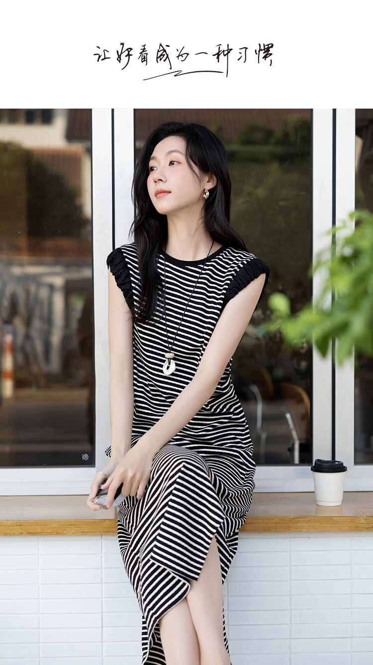 Demana Vintage Overture Summer Lightweight Professional Round Neck Striped Slit Pleated Patchwork Slim Dress for Women Premium Feel 1