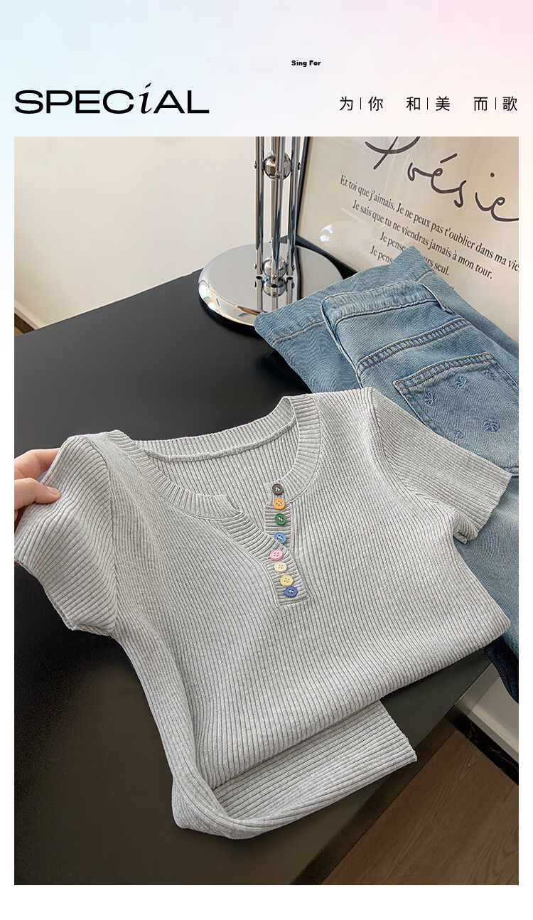 Cypress V-Neck Knitwear 2026 Summer New Women's Fresh Artistic Design Pullover Short Sleeve Top 2
