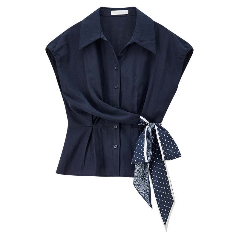 Shangdu Bila Linen Tencel Commuter Shirt Women Spring Summer Printed Tie Pleated Waist Slimming Blouse Turn-down Collar Top