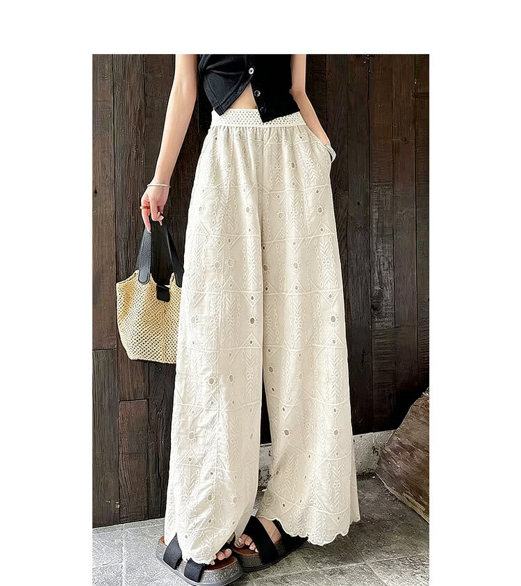 Demana Urban Light Vintage Embroidered Mesh Elastic Waist High-Waist Straight-Leg Slimming Casual Pants for Women 14