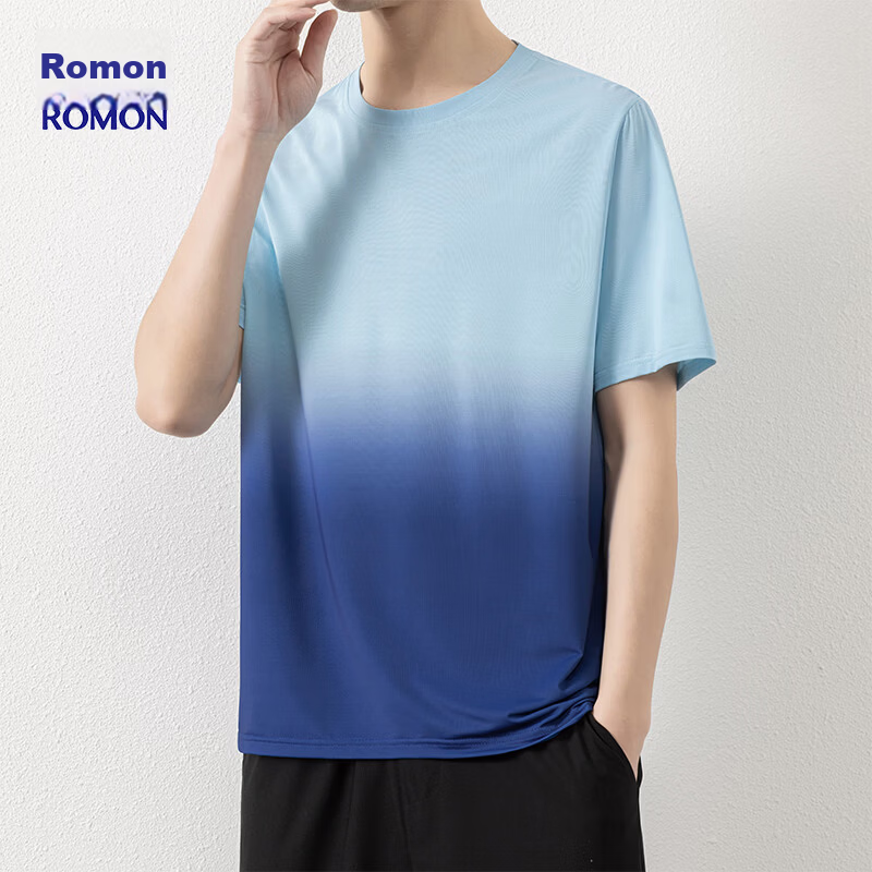 ROMON Men's Short Sleeve T-Shirt Summer Gradient Quick-Dry Breathable Cool Ice Silk Top Light Blue M 8210