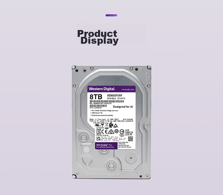 Western Digital 8TB Surveillance Hard Drive WD Purple Pro SATA 7200RPM 256MB CMR Vertical AI Technology 3.5-inch WD8002PURP 9
