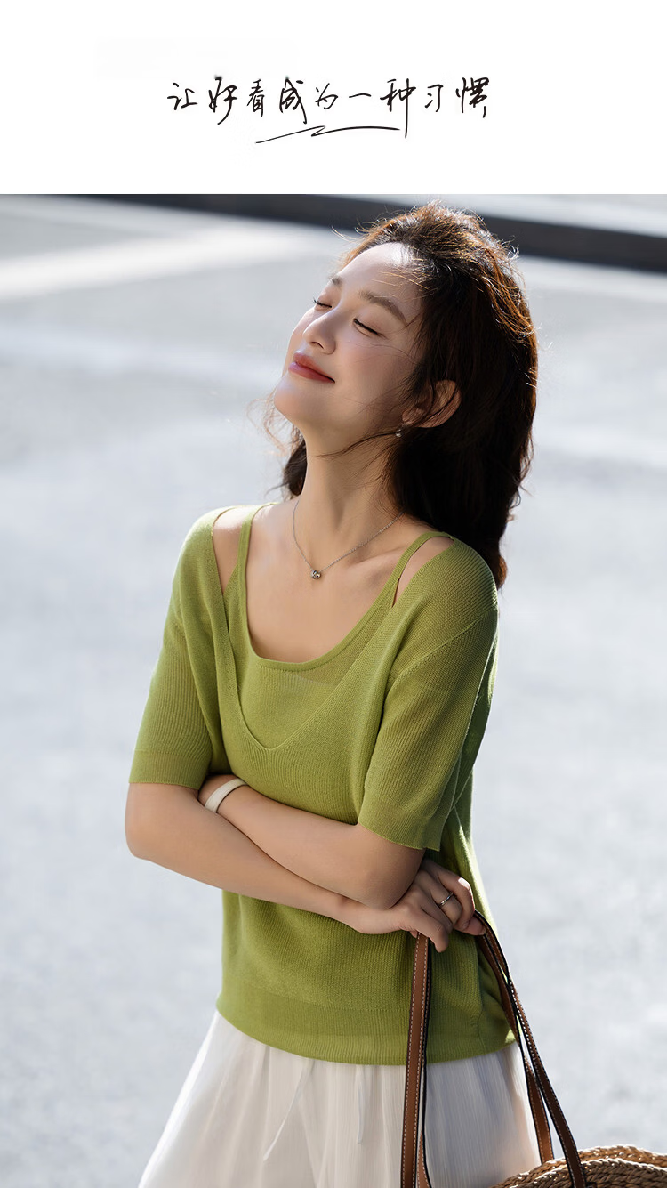 Demana [Breathable Tencel] Spring Design Fake Two-Piece Short Sleeve Sweater Gentle Slimming Women's Knitwear 1