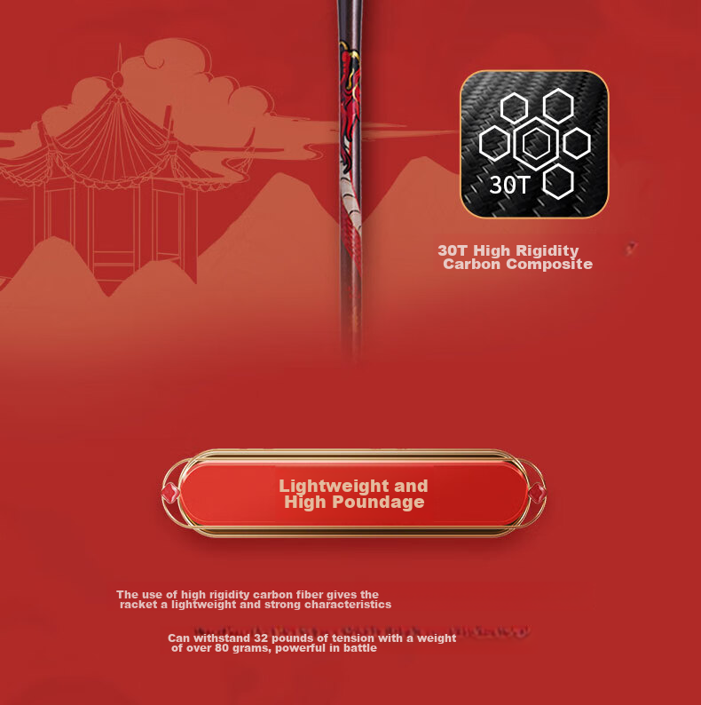 KUMPOO Badminton Racket, Lightweight Shock-Absorbing Carbon Solid Core, Double-Edged Composite Frame, Advanced Professional Racket, Shiluo White/red 9