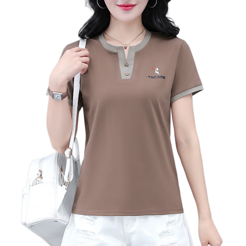 Woodpecker Pure Cotton Crew Neck Shoulder-Fit Short Sleeve T-Shirt Women Summer New Slim Fit Half Sleeve Top Brown 2XL