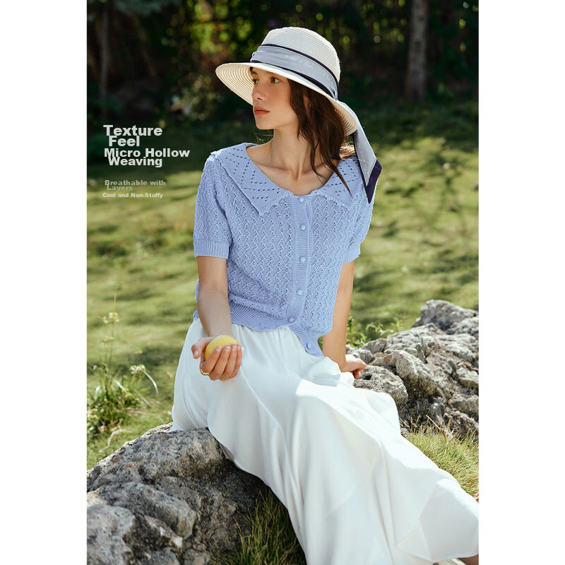 Olrain French Style New Summer Hollow Out Lapel Elegant Short Sleeve Knit Cardigan Top for Women Blue L