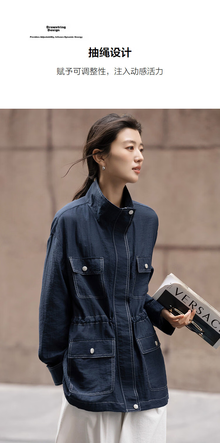 Demana [Luxury Linen] Spring Minimalist Stand Collar Drawstring Waist Multi-Pocket Petite Women's Jacket 7