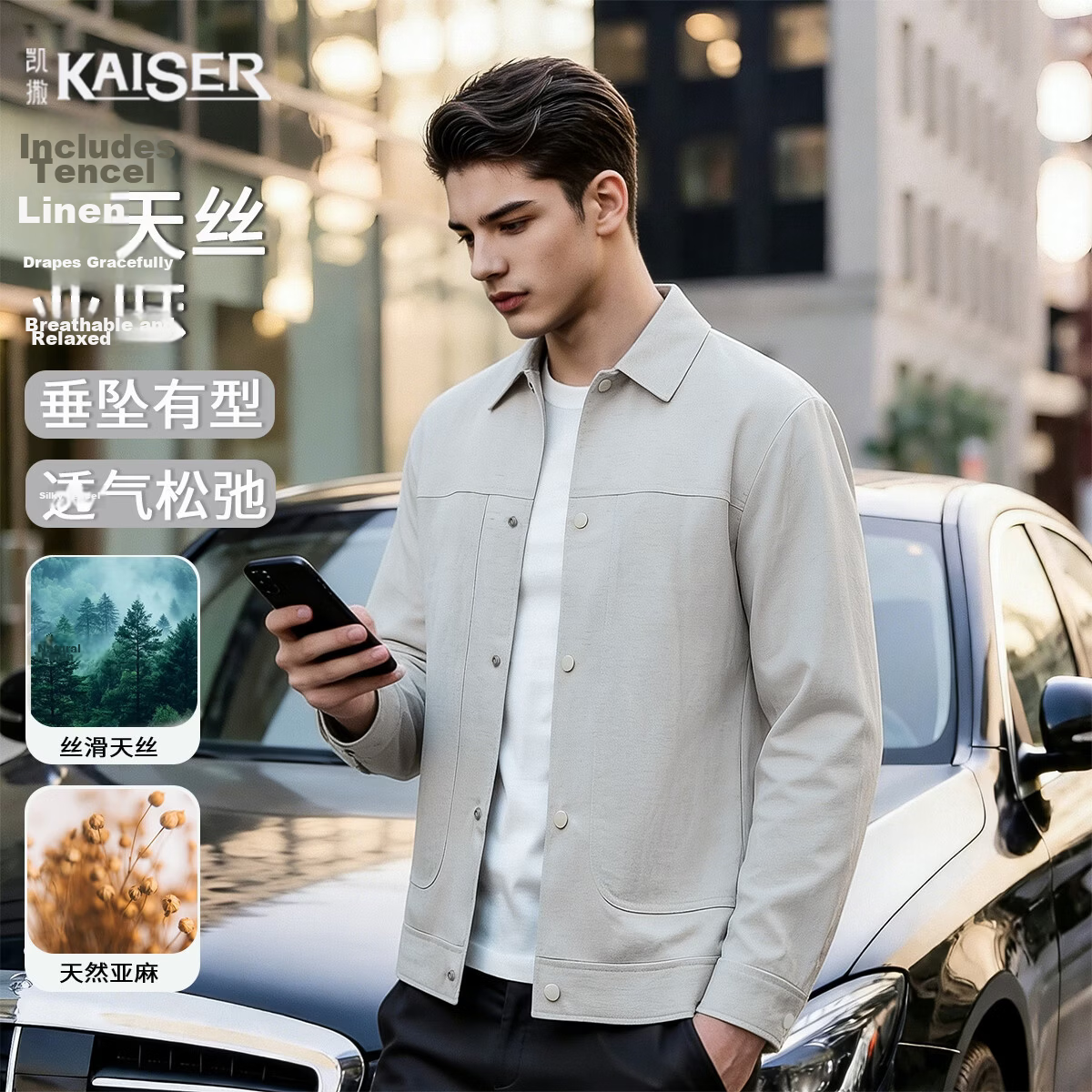 Caesar [Tencel Linen] Polo Collar Jacket Spring Summer Men's Workwear Solid Color Simple Breathable Casual Coat