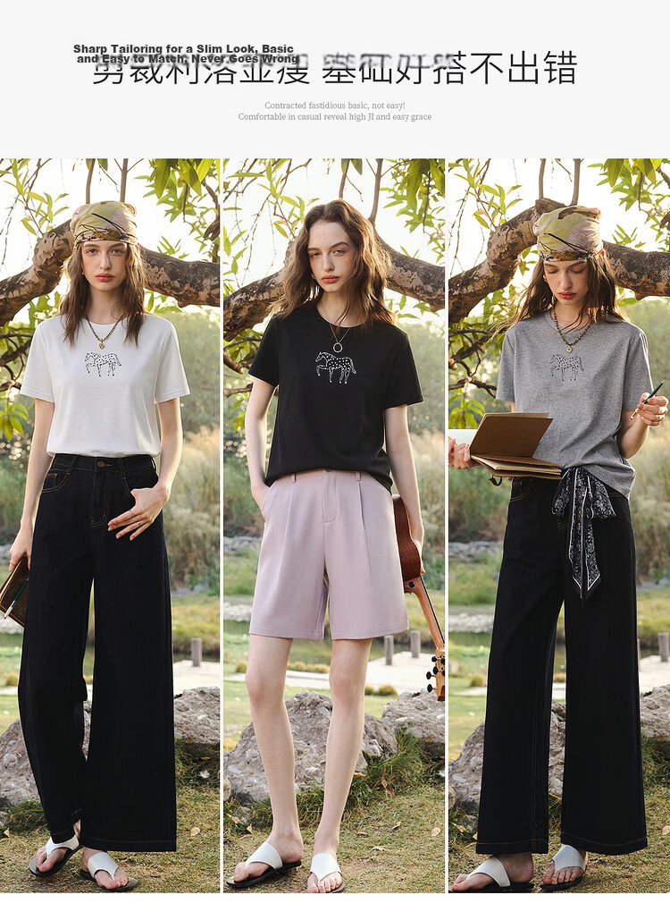 Olrain Summer New Pure Cotton Casual Loose Women's Printed Design Commuter Short Sleeve T-Shirt Black XL 2