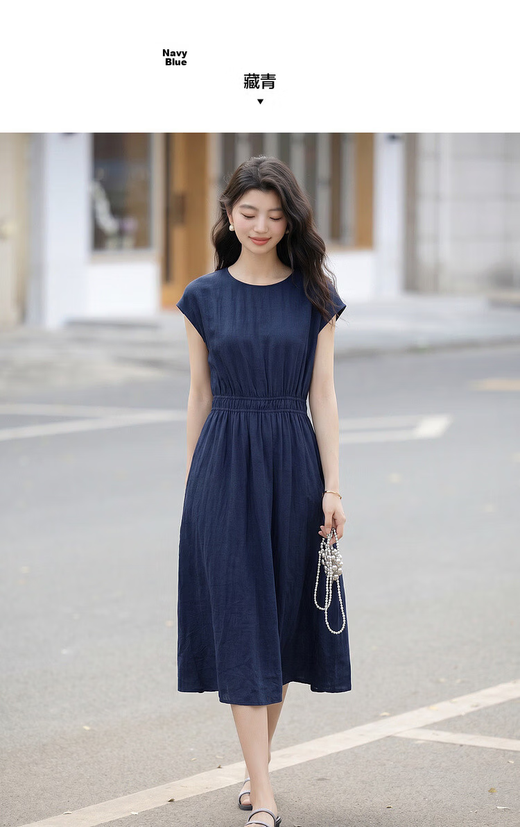Demana [Elegance Companion] Summer Commuter Style Round Neck High Waist Cap Sleeve Lightweight Draped Mid-Length Women's Dress 9