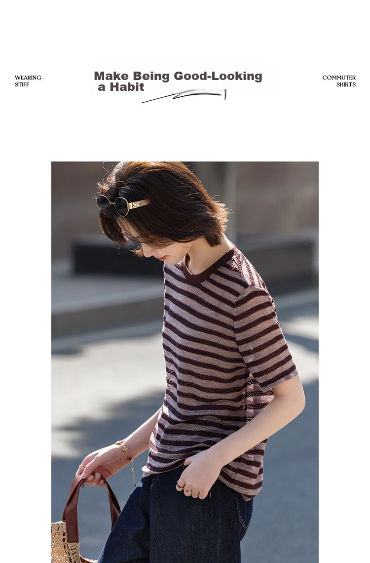 Demana "Piano Overture" Summer Retro Colorblock Round Neck Short Sleeve Stretch Slimming T-Shirt for Women High-End Feel 10