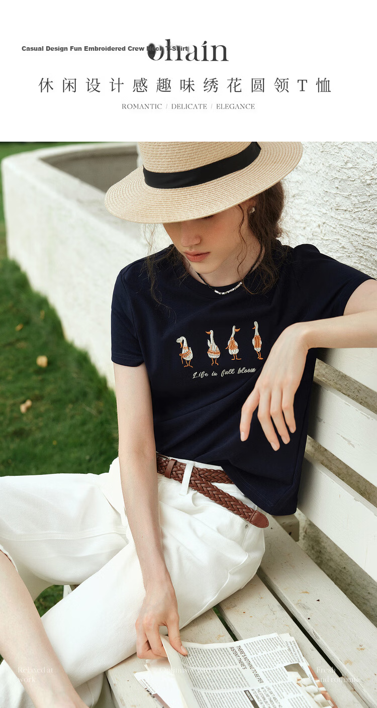 Olrain Eurier New Summer Casual Simple Embroidered Design Crew Neck Pullover Short Sleeve T-Shirt for Women Navy Blue M 1