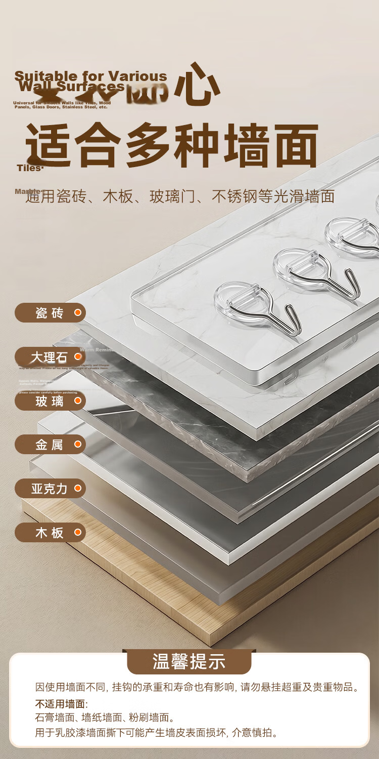 JD Jingzao Strong Adhesive No-Drill Wall Hooks Transparent 6-Hook Rack x2 12