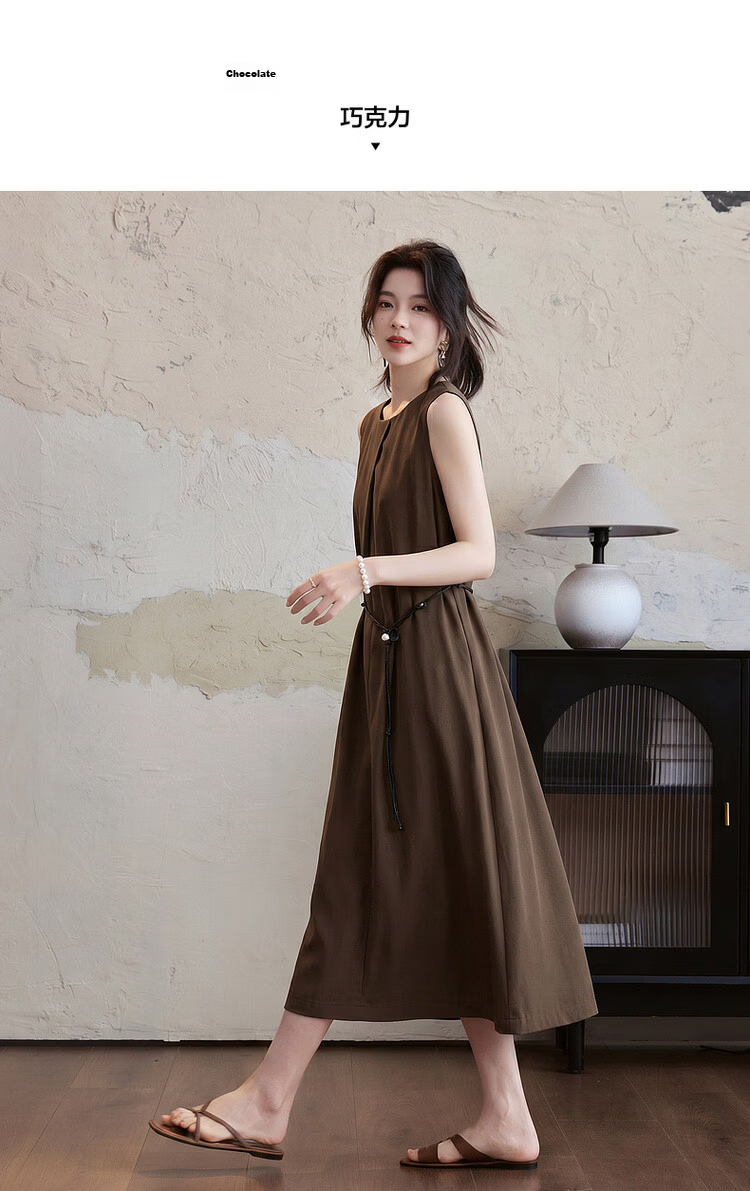 Demana Elegant Urban Summer Simple Cotton-Blend Stretch Round Neck Pleated Sleeveless Belted Dress for Women Premium Feel 12
