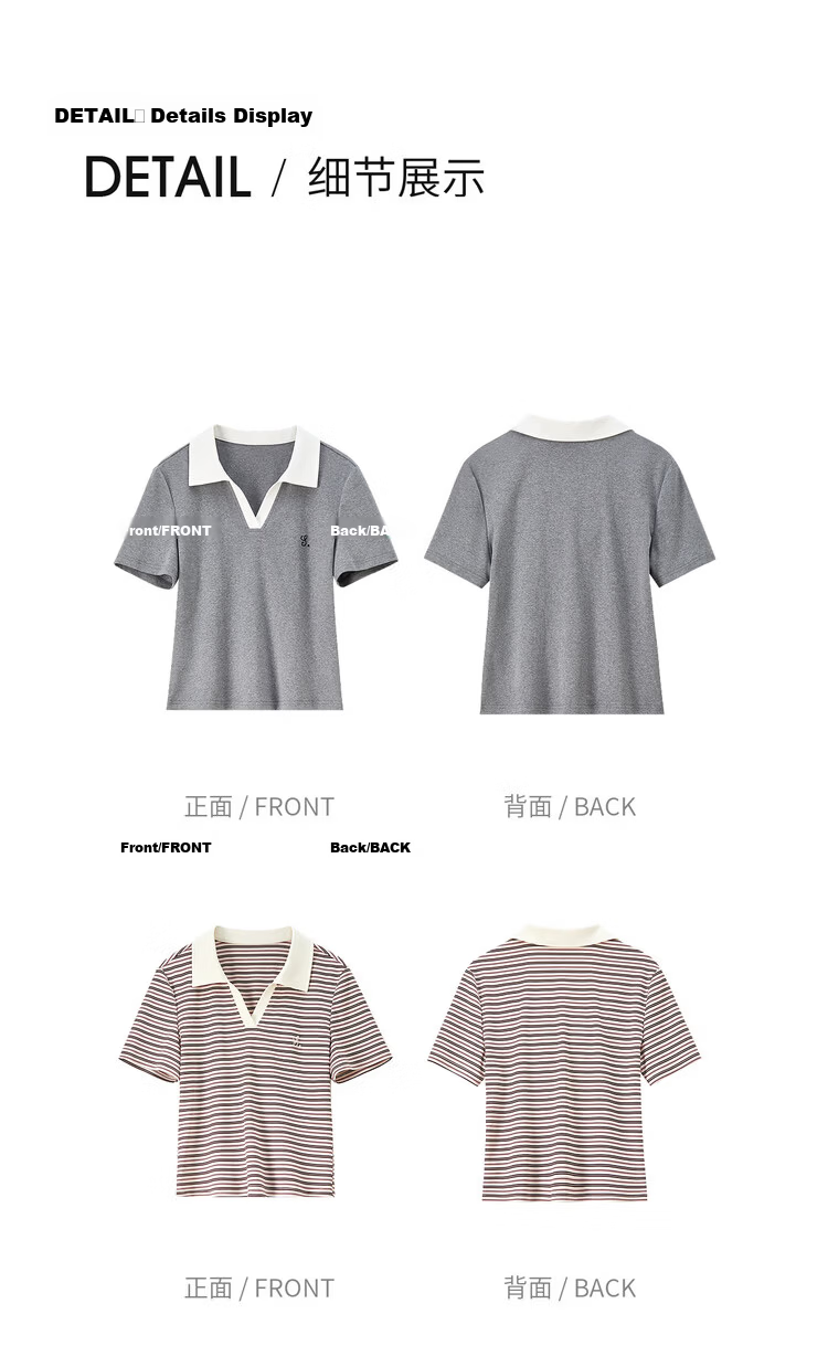 Shangdu Bila Korean Style Simple Cotton Blend T-Shirt Women Summer Polo Collar Color-Block Embroidered Casual Top Stretch Striped Short Sleeve Inner Wear 19