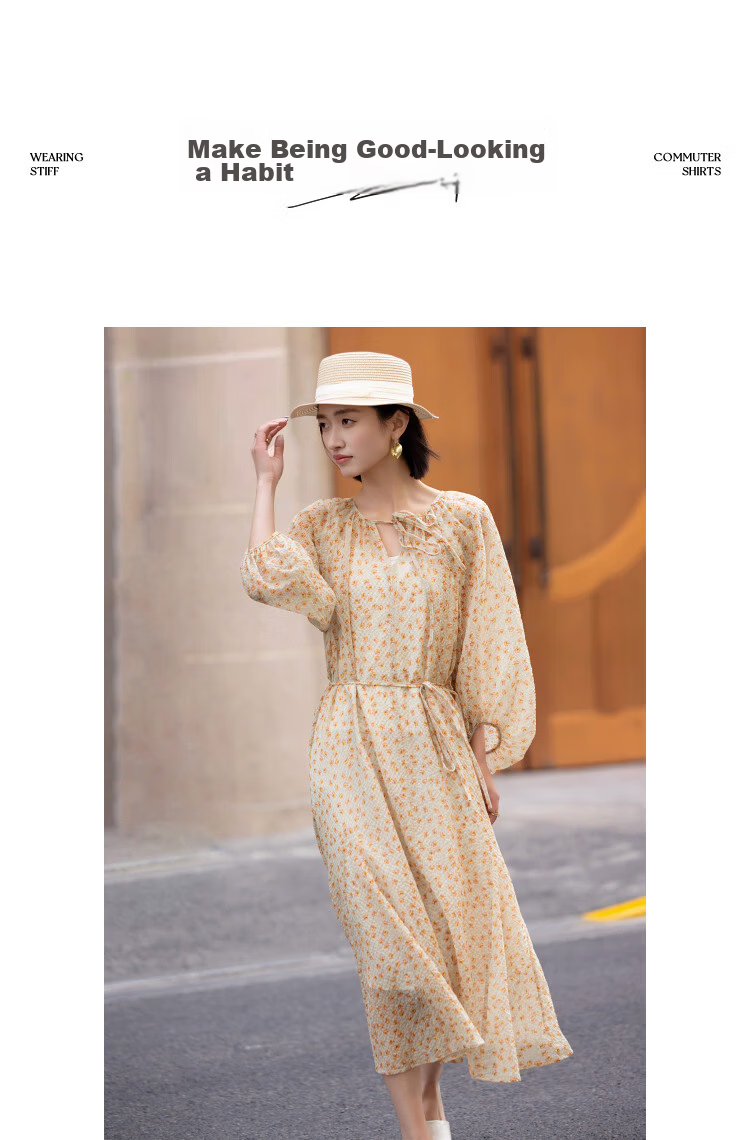 Demana [Flowers and Poetry] Spring Elegant Style Bubble Plaid Chiffon Printed Loose Slimming Dress for Women High-End Feel 9