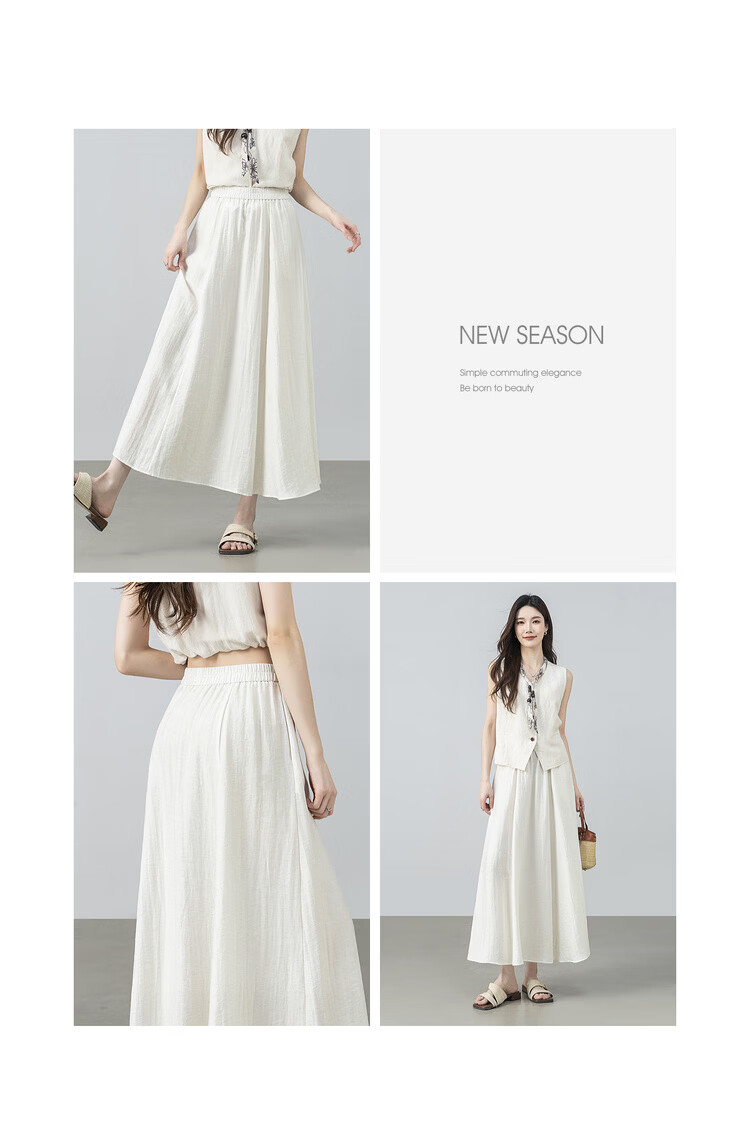 Shangdubila Linen Blend Pear-Shaped Slimming A-Line Skirt for Women Spring Summer Elegant Commuter Elastic Waist High-Quality Temperament Long Skirt 19