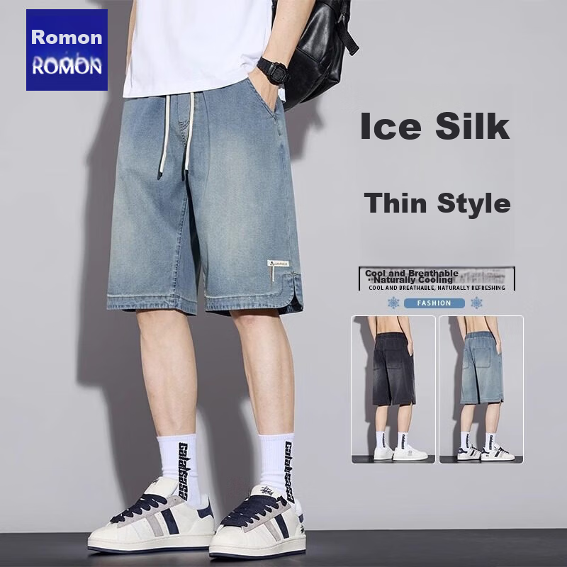 ROMON Tencel Denim Shorts Men Summer Thin Loose Straight Ice Silk Five-Point Pants Vintage Blue 2XL