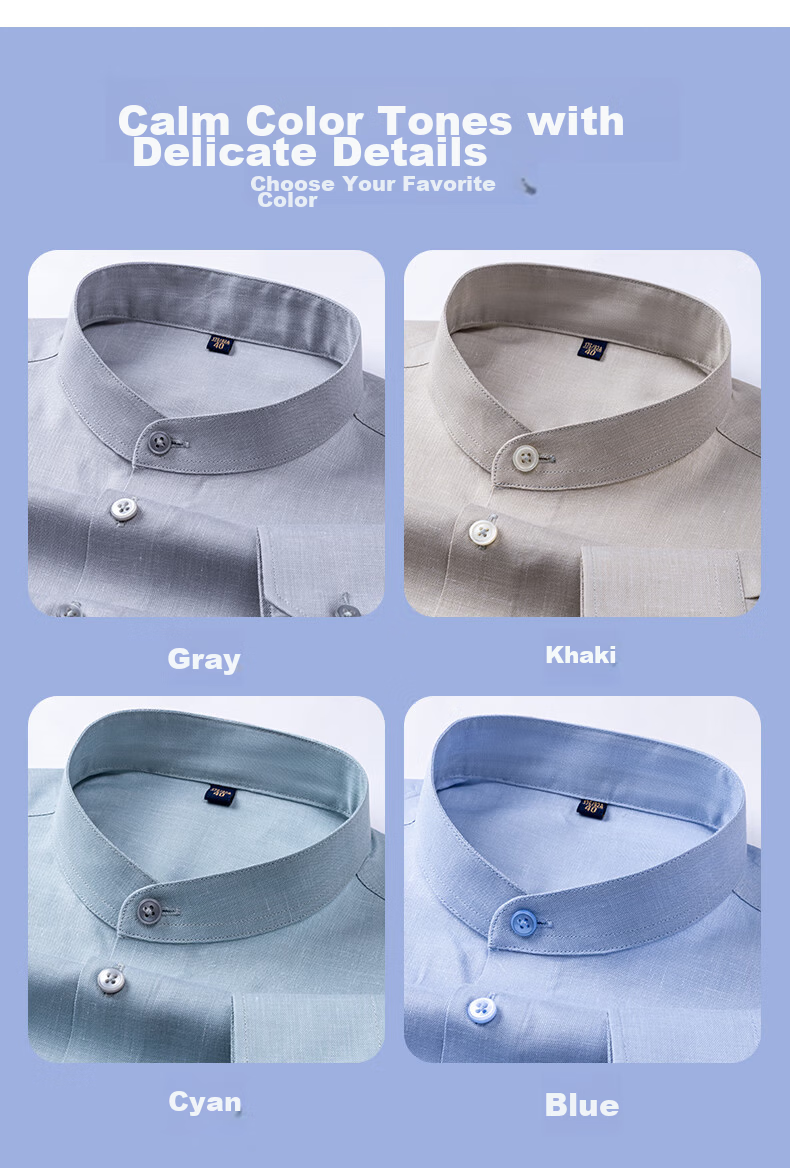 FIRS Linen & Tencel Men's Long Sleeve Shirt Breathable Easy Care Cotton Linen Stand Collar Shirt Gray 40 5