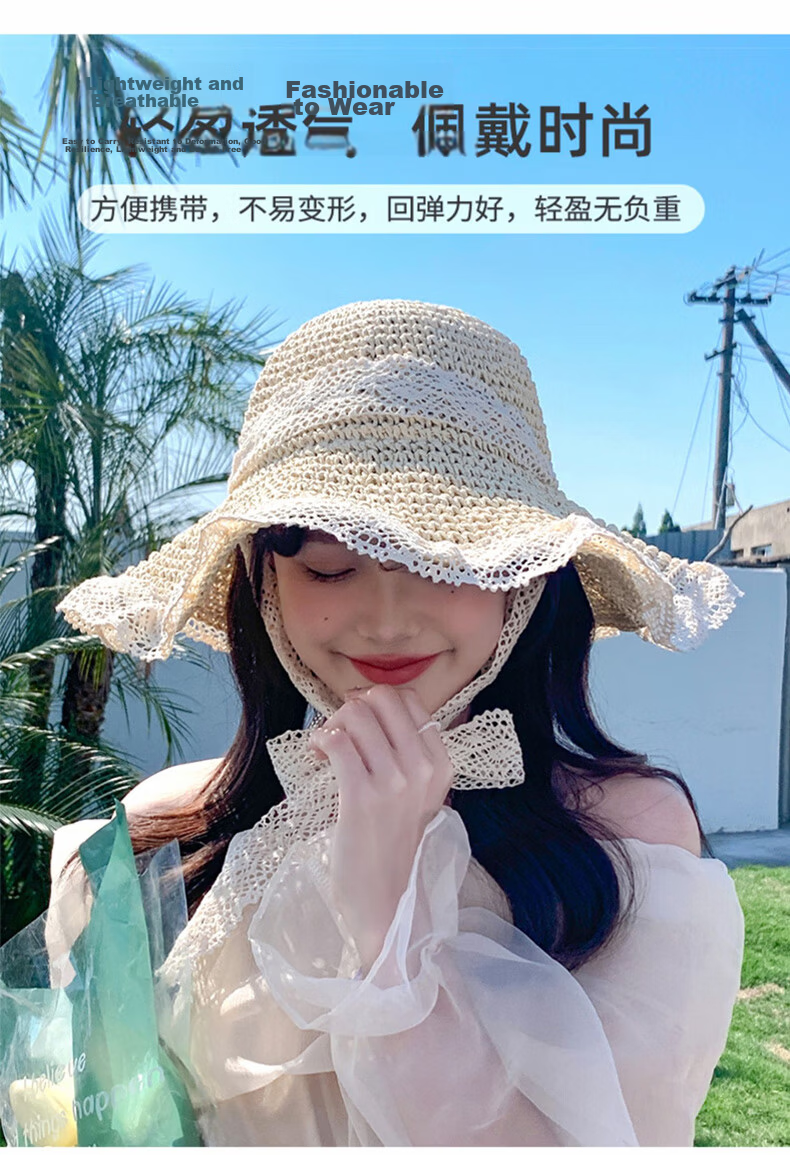 FitonTon Women's Summer Sun Hat Beach Outdoor Straw Hat Korean Style Travel Sun Hat with Tie Hollow Lace Edge Straw Braided Hat 7